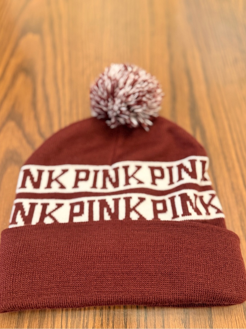 PINK Victoria's Secret Maroon Knit Pom Beanie with White Logo Band